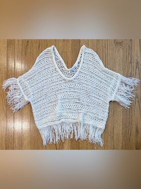 Cupcakes and Cashmere Fringe Crochet Sweater Poncho Boho Festival Top Medium